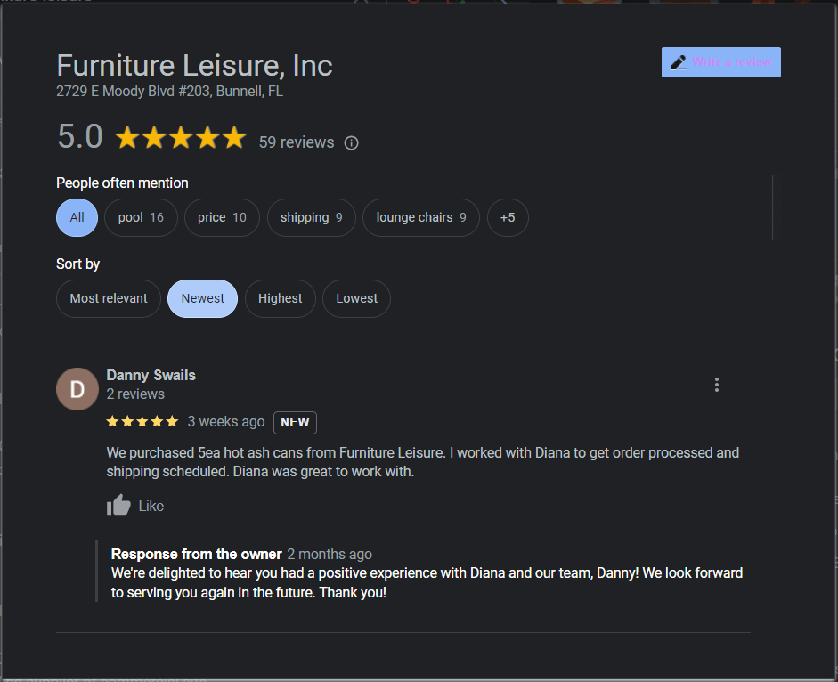 Furniture Leisure Google Review